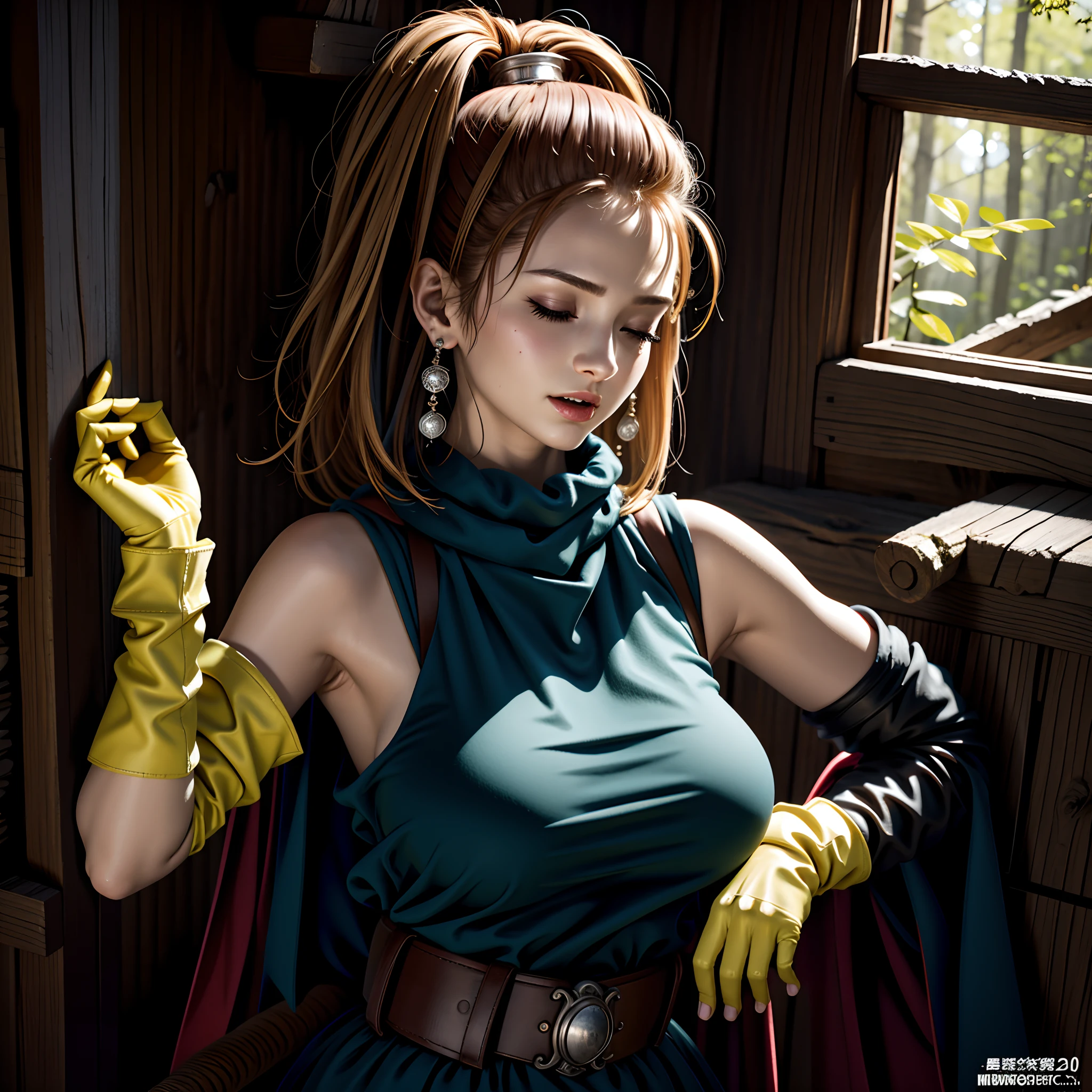 (masutepiece, Best Quality, 32 HDR, High resolution), (1womanl:2.0, Solo:2.0, 1character:2.0), (DQ6 Barbara, High Ponytail, Dress, Cape, yellow gloves, Belt bag, Jewelry, earrings), (Colossal tits:1.15, Huge boobs:1.15, Huge breasts:1.15), Highly detailed, (yawn and closed eyes,:1.1, Exposed shaved armpits:1.25, in the abandoned house:1.1, in a deep forest), hyperdetailed face, ultra detailed skin texture,