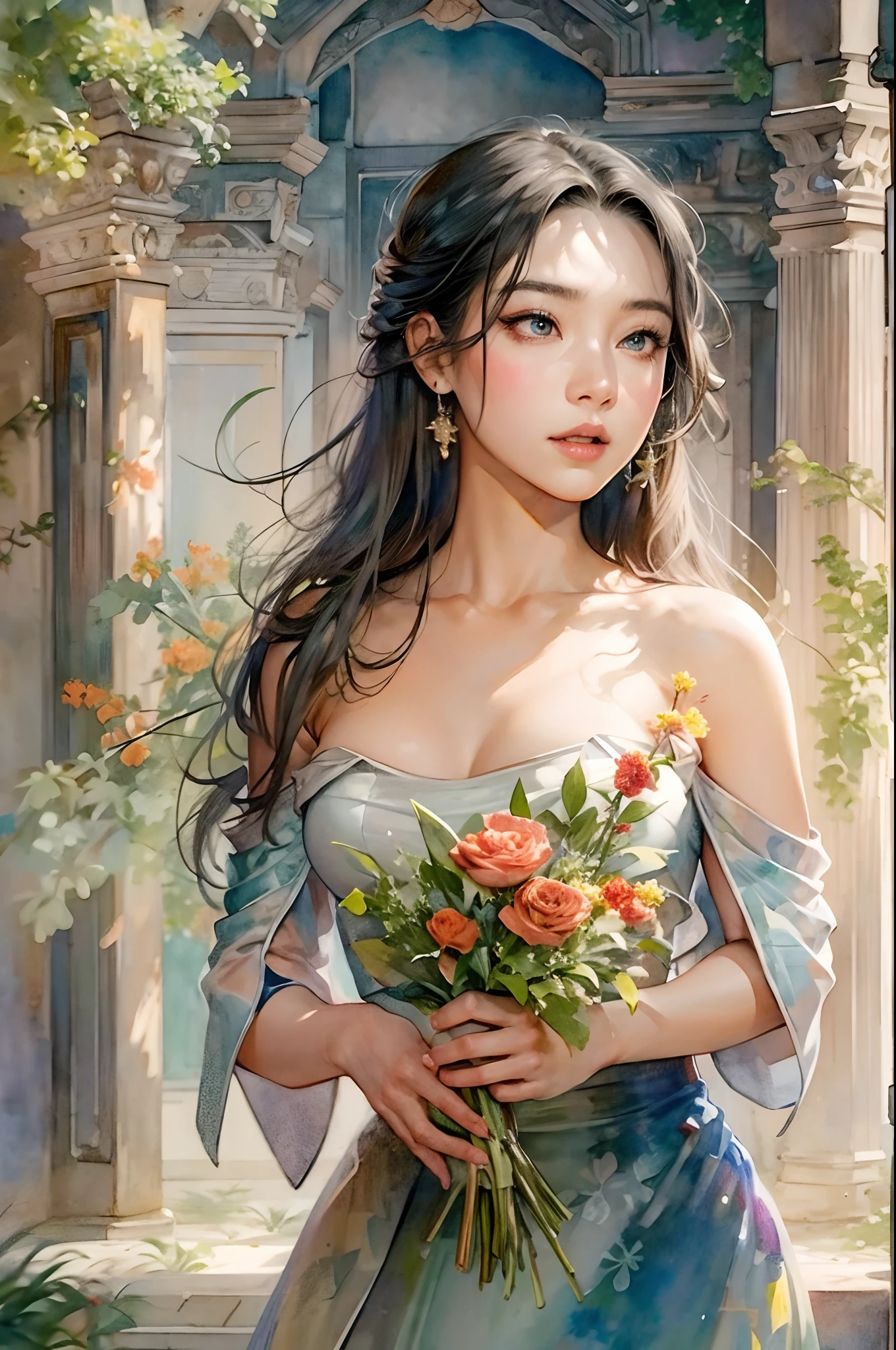 (masterpiece), (best quality), 8k resolution, 1girl, Asian girl, stunning beauty, perfect face, mature female, 20yo, sunny, cinematic, low cut dress, bare shoulder, fantasy, flowers, in the ancient castle, watercolor style,