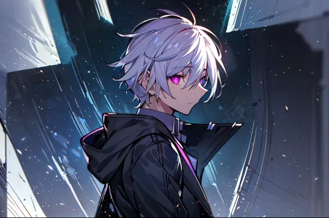 sullenness,hight resolution,close range、((One Person)),Anime boy with white hair and purple eyes,(((white  hair))) Glowing purpl...