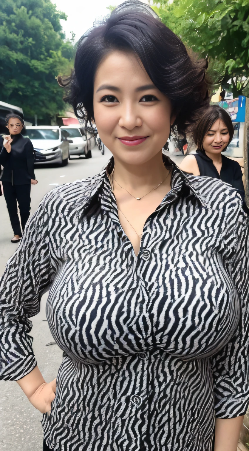 ((Best quality, 8K, Masterpiece, Portrait: 1.3)), (View viewers), Photorealism, Sharp focus, Solo, The Moro Islamic Liberation Front of Japan, Beauty,Wavy hair, Wrinkles at the corners of the eyes, to emphasize, ((Big breasts:1.3))),，30 years old, curlies, Wrinkled eyes, (Elegant black shirt, standing on your feet:1.2),（（looking at viewert））