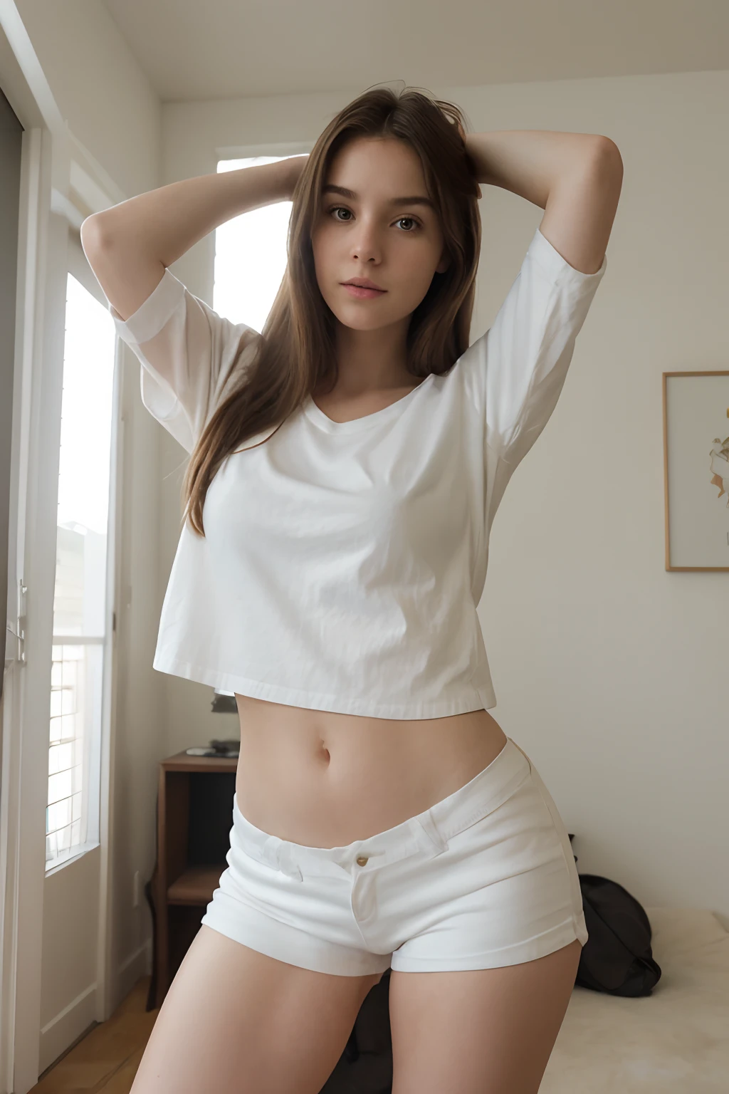 Arafed woman in white shirt and shorts posing in a bedroom - SeaArt AI