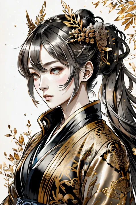 SILVER GOLD and BLACK portrait of a very_YOUNG ancient japanese geisha, glowing eyes, long hair, hyperdetailed sad face, intrica...