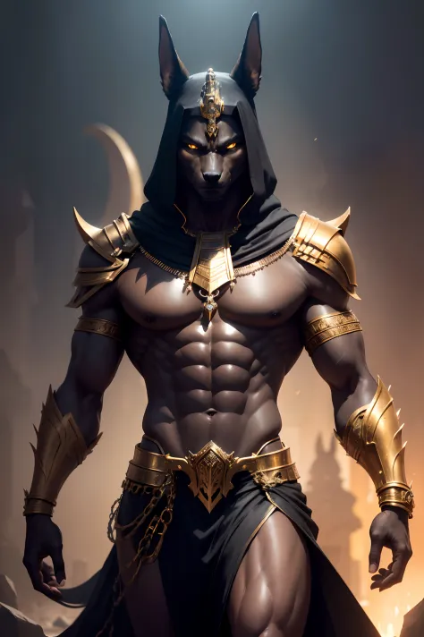 (high quality), photorealistic, (oil painting) jewellery, (solo) (dynamic pose), towards the right, (underworld), mystical anubis, angry god Anubis, black skin Anubis, the god Anubis, Egyptian jackal-headed god, anthro, muscular, fierce expression, epic fa...