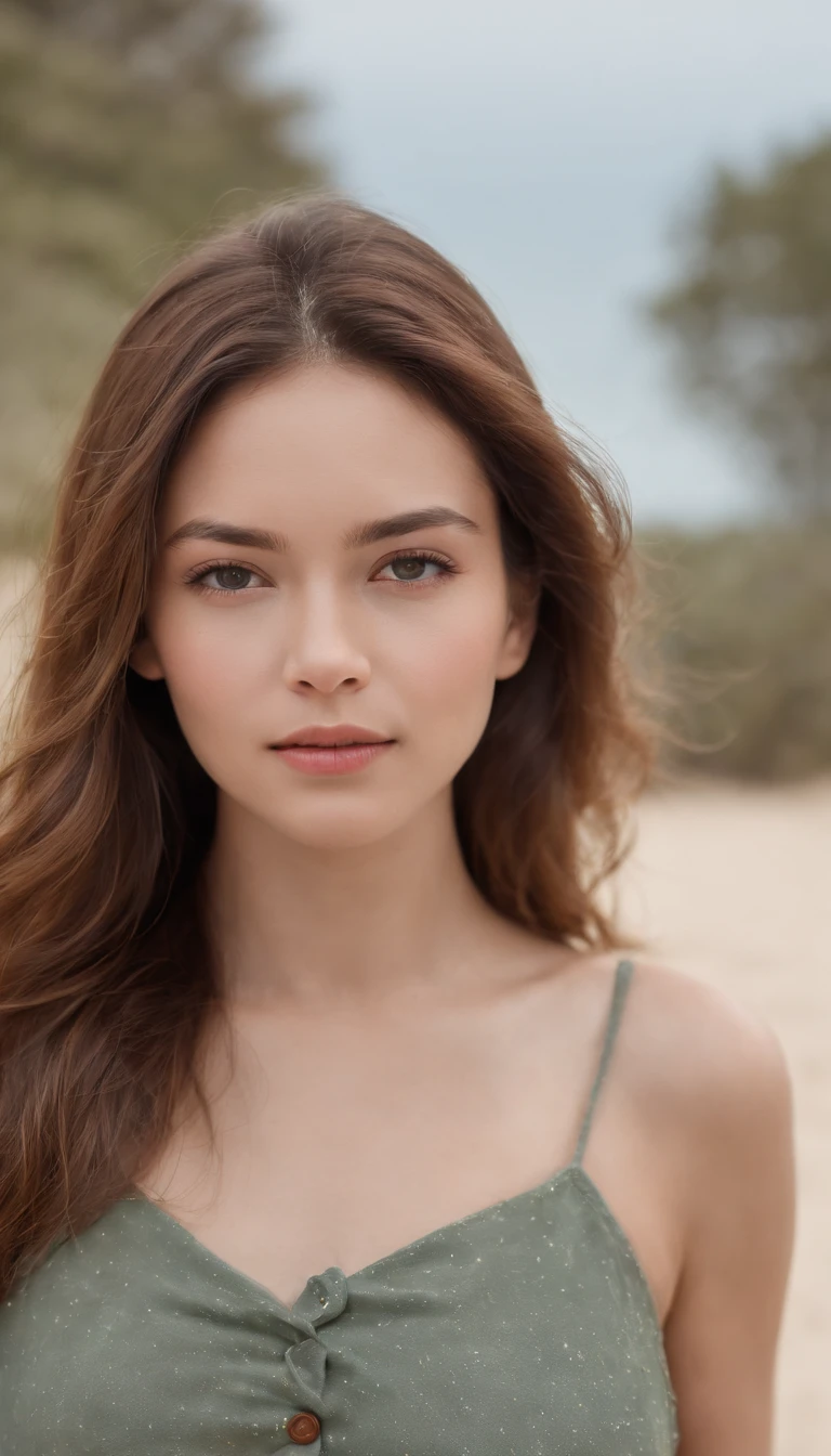 A woman with long hair wearing a green top on a beach - SeaArt AI