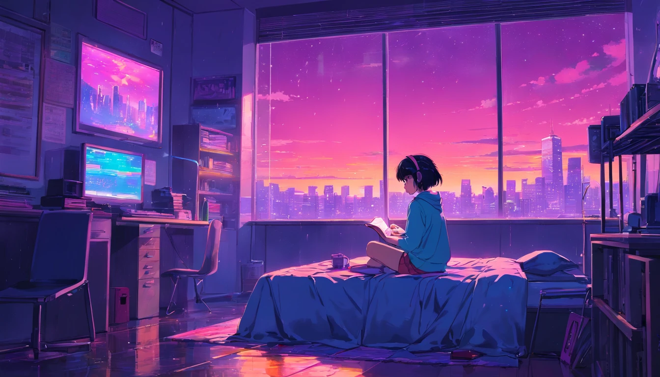 (zero), Girl studying in her room, reading a book, Wear headphones, , night lights, Neon landscape on a rainy day,Analog Color Theme, Lo-Fi Hip Hop , retrospective, flat, 2.5D ,Draw a line, Ink Drawing, Large slope, Watercolor painting, Goosch Colors, Studio Ghibli Style, Awesome colorful, Outer Ton, Synthwave, lofi art,90s style,Old texture, amplitude,90s vibe, masutepiece, Tremendous technology, 16:9 scale