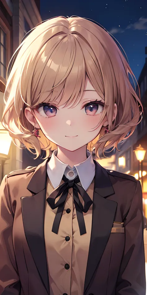 (masterpiece, best quality, detailed), 1girl, solo, outdoor, night, upper body, smile, closed mouth, squint, eyelashes, Midorikawa Hana, brown jacket, neck ribbon, collared shirt, uniform school
