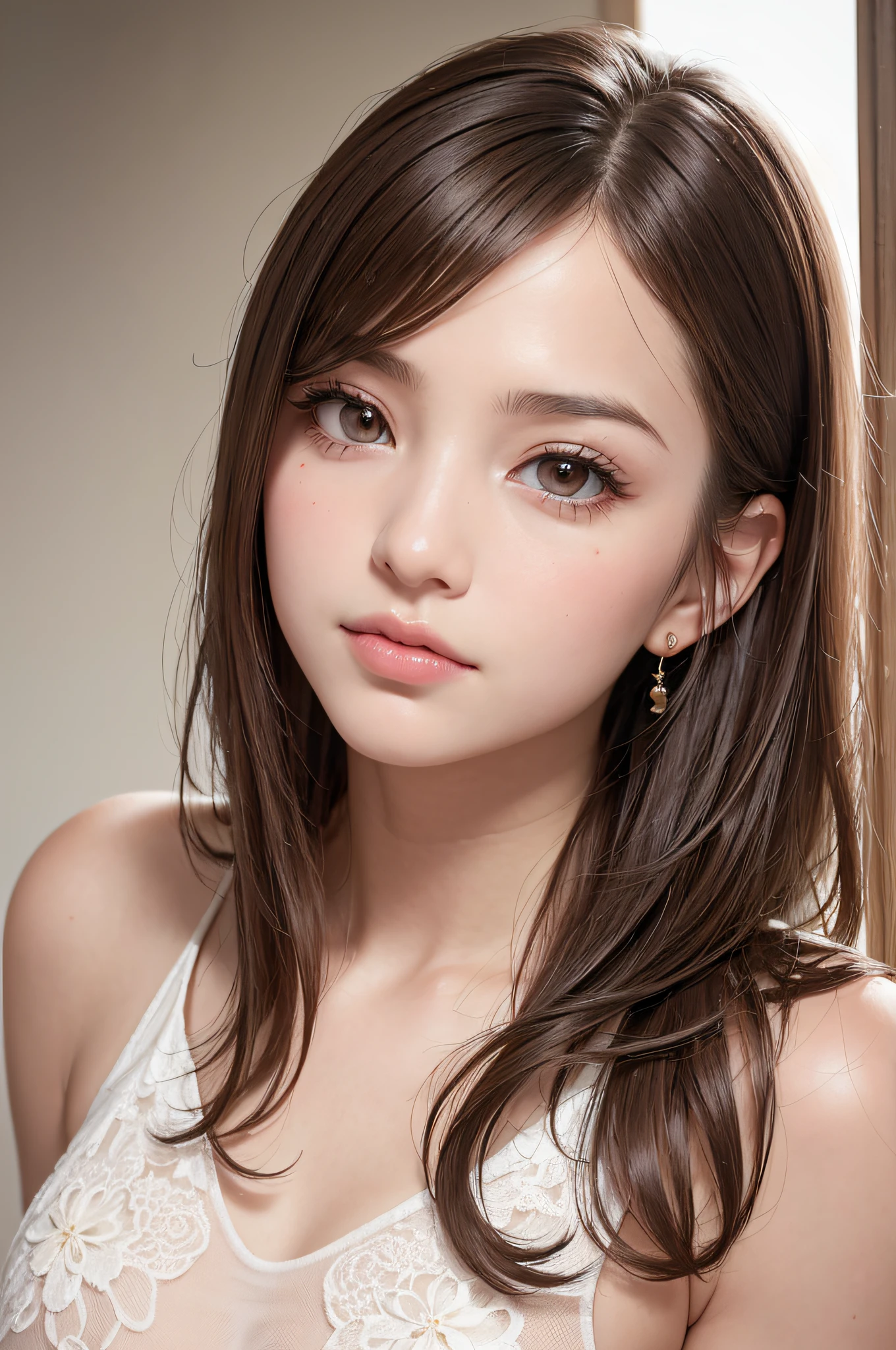 (masutepiece:1.3), High resolution, ultra-detailliert, the Extremely Detailed CG Unity 8K Wallpapers, Realistic, Photorealsitic, Raw photo, beautifull detailed face, Facial balance is the golden ratio、pale skin, realistic glistening skin, Detailed Cloth Texture, detailed hair texture, Perfect body, Beautiful face, acurate, Anatomically correct, Highly detailed face and skin texture, Natural neck length, (Fair skin:1.2), thin legs, Thin feet, (Aligned teeth:1.1), Sweaty skin, BREAK, Detailed eyes, symmetrical eye, Light brown eyes, Double eyelids, Thin eyebrows, (Sleepy eyes:1.1), (Glossy lips:1.4), (Mouth waiting for a kiss:1.2), (blush:1.2), (Small hair accessories that sparkle:1.1), BREAK, (classy girl:1.3), (Wearing (doress:1.2) With a white floral pattern), BREAK, ((Close Up Shot:1.2)), medium breasts, Slender figure, Firm abs, ((up do hairstyle, Dark blonde hair, Wavy Hair, Long hair:1.1)), ((asymmetric bangs:1.2)),