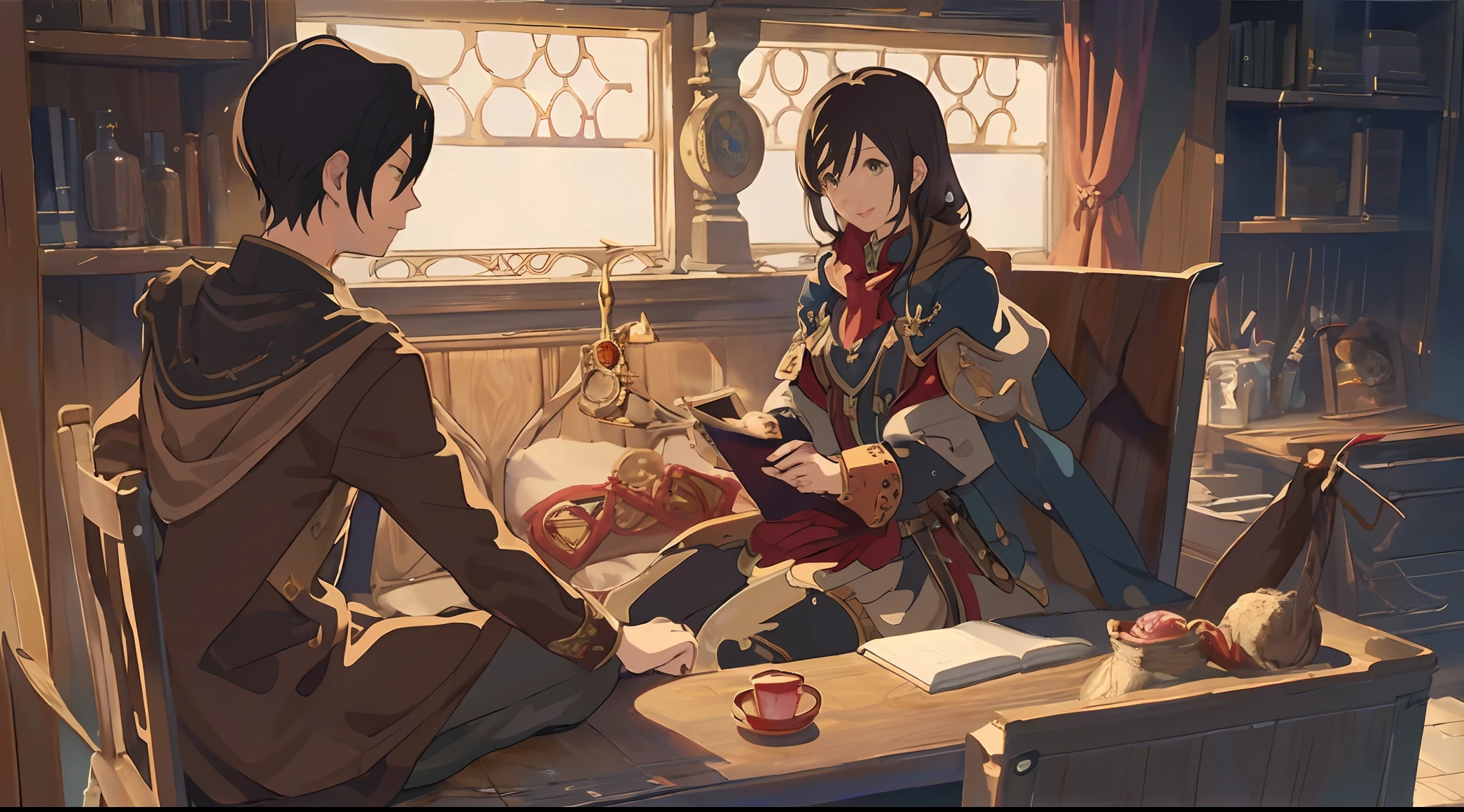 (best quality,PIXIV:1.2), intimate interaction,medieval theme,subtle yet distant,unrequited love,vibrant colors,steampunk elements, dreamy atmosphere, religious undertones