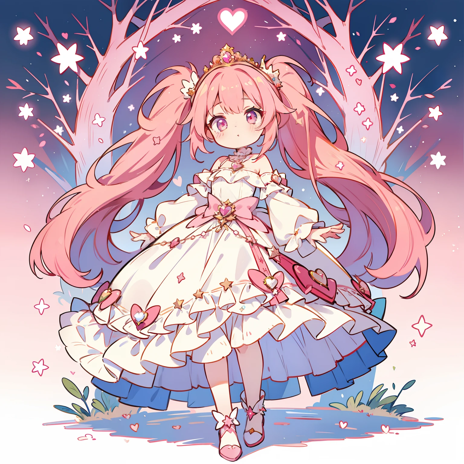 1girl in, fullllbody, Character Design, Pink haired princess with heart tiara, florals, Star Accessories, High quality, Wide Shot, Detailed background of the Enchanted Forest, Taller twin tails