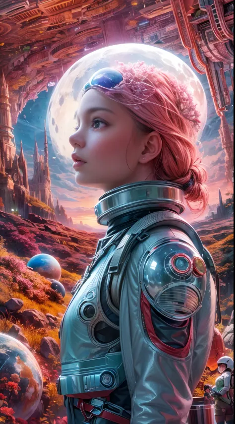 "A young girl with a sense of wonder explores an alien planet with vibrant chrome vegetation. The surreal landscape and flora create a stunning juxtaposition in a space-age paradise.