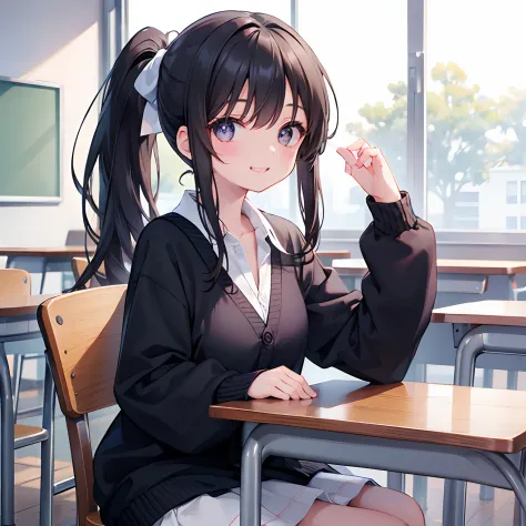 girl with、1 persons、Dark hair、ponytail、Black eyes、length hair、Cheerful smile、huge smile、Pupils、校服、Cardigan、‎Classroom、chatting、sit a chair