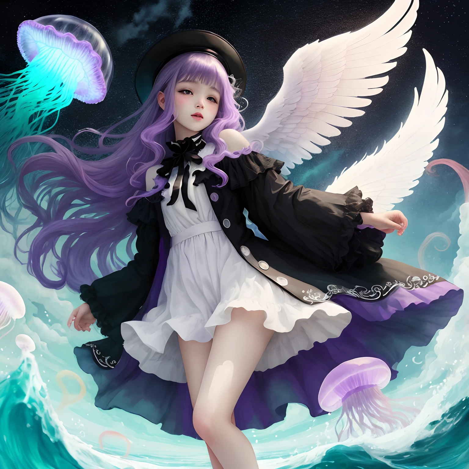 Anime girl with purple hair and angel wings in a dress - SeaArt AI