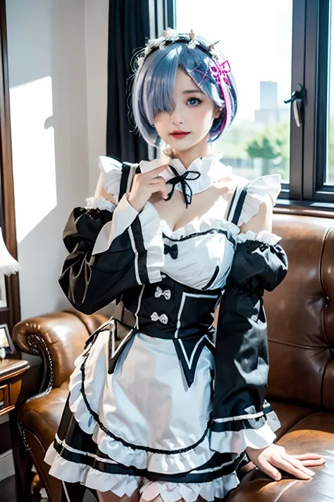 R_E_M, 1girl,(beautiful face:1.25) short blue hair, blue eyes, hair over one eye, hair ornament, pink hair ribbon, rem's maid uniform, detached sleeves,  upper body, standing,indoors, living room, sofa, tables, window