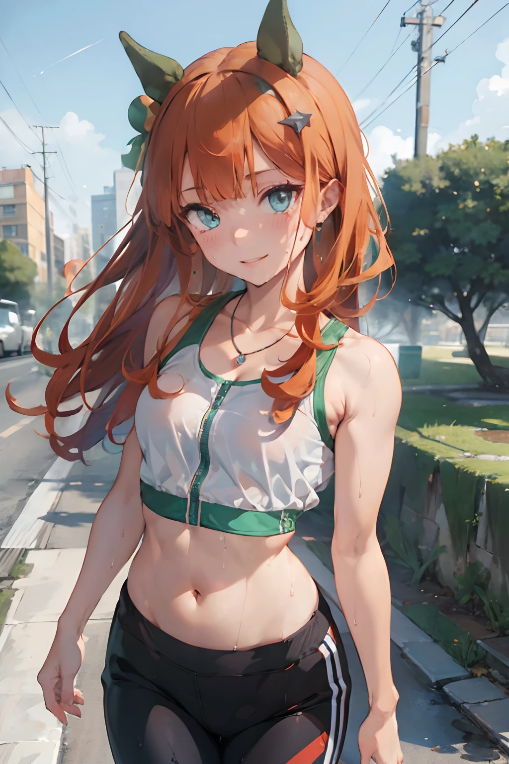 nsfw, masterpiece, 1 girl, intricately detailed, croptop, navel, necklace, orange hair, jogging pants, smiling, extremely detailed, photorealistic, octane render, 8 k, unreal engine., bare breasts, bare stomach, sweaty, puddle, wet body, beautiful face, small breasts, petite body, child, flat chest, silence suzuka \(umamusume\), jogging, park, horse ear, horse tail, bare shoulders, sport bra