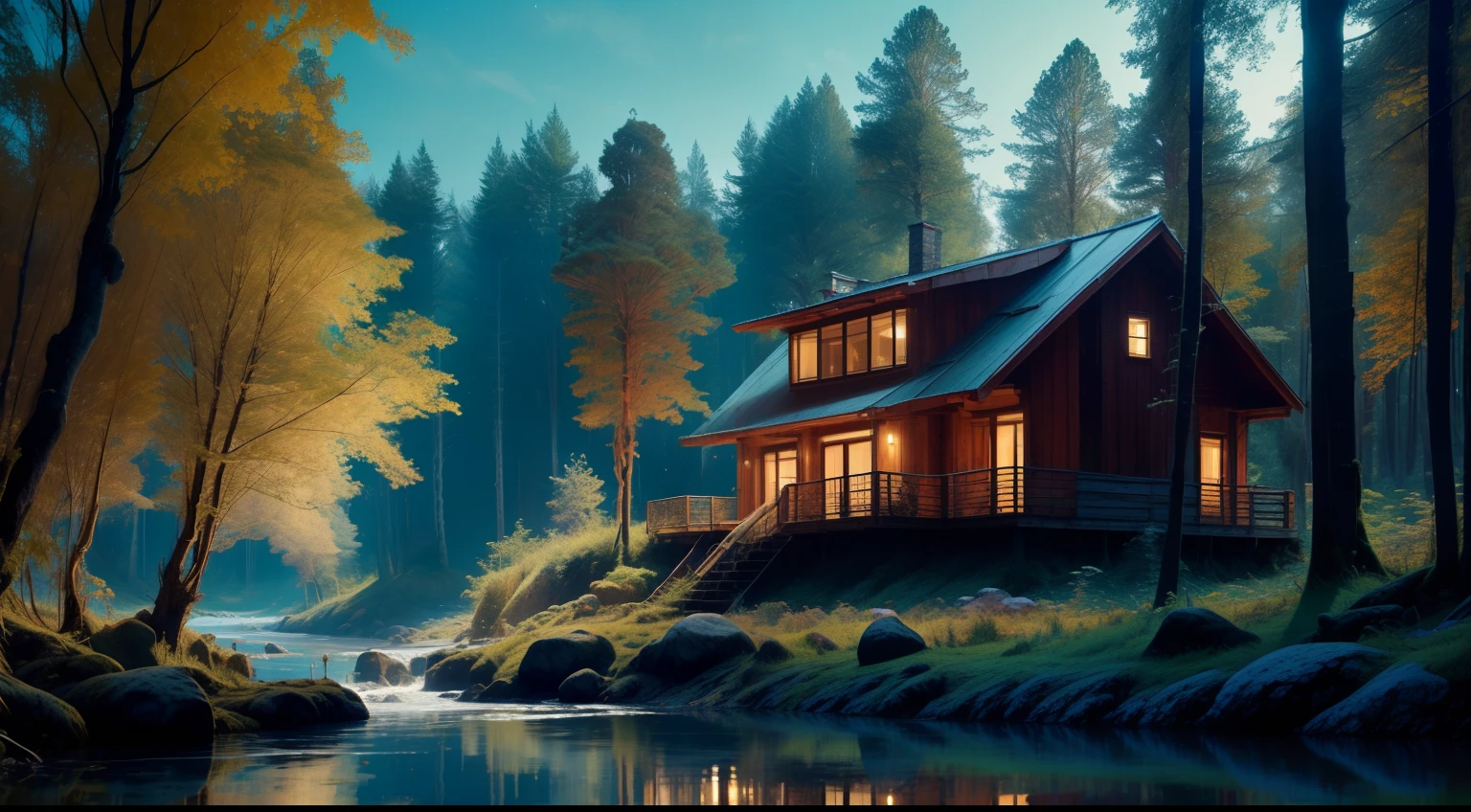 A house in the middle of the forest, a big tree, a river beside the house, clear water