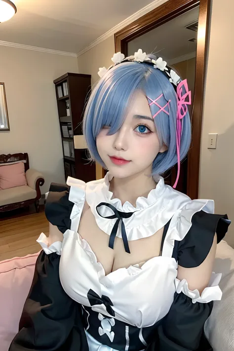 R_E_M, 1girl,(beautiful face:1.25) short blue hair, blue eyes, hair over one eye, hair ornament, pink hair ribbon, rem's maid uniform, detached sleeves,  upper body, standing,indoors, living room, sofa, tables, window