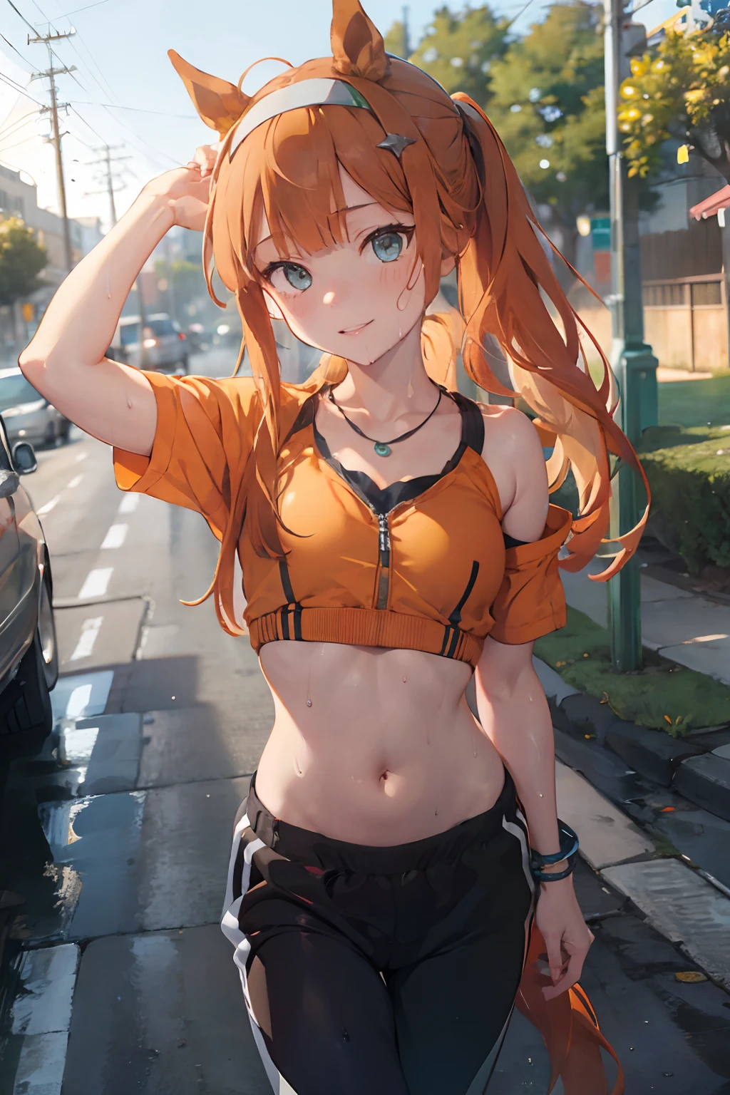 nsfw, masterpiece, 1 girl, intricately detailed, navel, necklace, orange hair, jogging pants, smiling, extremely detailed, photorealistic, octane render, 8 k, unreal engine., bare breasts, bare stomach, sweaty, puddle, wet body, beautiful face, small breasts, petite body, child, flat chest, silence suzuka \(umamusume\), jogging, park, horse ear, horse tail, bare shoulders, bra