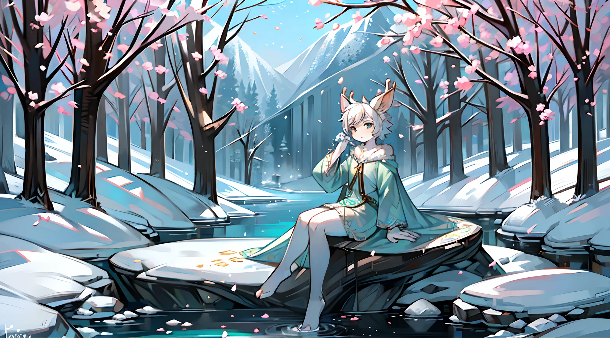 A white deer，Pear blossom tree，falling flower petals，rios，flowing river，White robe，Green pattern，Sit on a rock，snow covered，out a hand，ornate backdrop，Falling snowflakes，sitting  sideways，Reach for the snowflakes，k hd，solo person，arcadia，Clear facial features