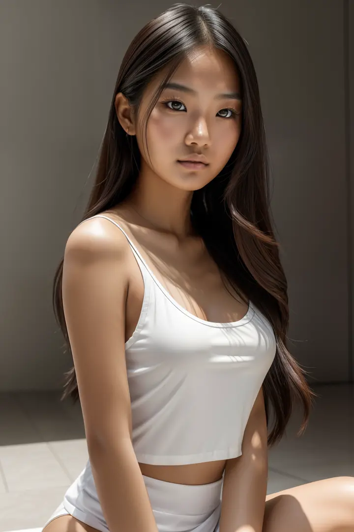 photography of a stunning 14 year asian girl, wearing a white  low cut top, (((medium  bust))), long wavy hair, sitting  on posing cube, blurred background , looks into the camera, symetrical eyes, symmetrical face, photorealistic, photography, path tracin...