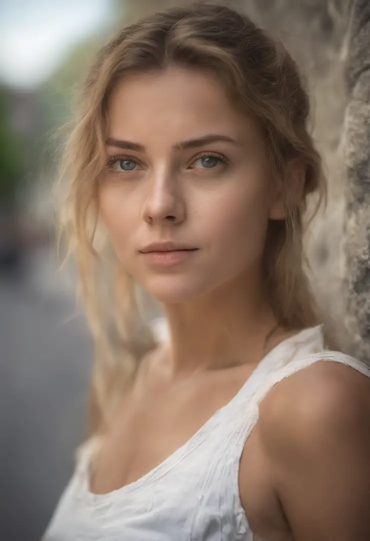 white European woman, DSLR portrait, shallow depth of field, interesting background, bokeh, digital photography, daylight, summer,  front facing, straight face, body position straight, no shoulder bending, charming face, age 25 year old