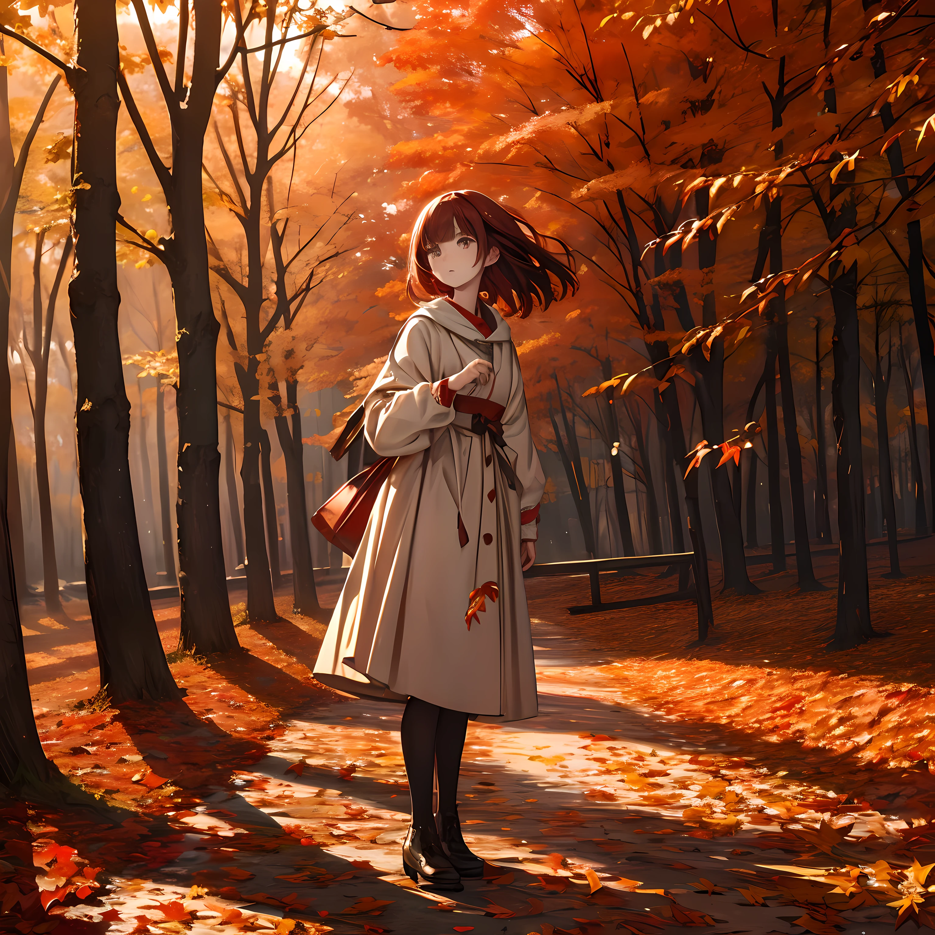 Uma obra-prima, alta resolução, folhas de outono vermelhas brilhantes esperando ao vento, uma garota em pé, Escrita delicada e detalhada.