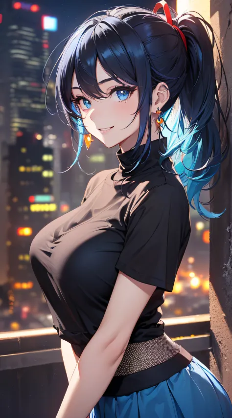 top-quality、Top image quality、​masterpiece、girl with((18year old、Best Bust、Medium bust、Bust 85,Beautiful blue eyes、Breasts wide open,Black Short Sleeve T-Shirt、White see-through、Black short skirt、Ponytail with black hair、Smile Face、Beautiful blue earrings、...