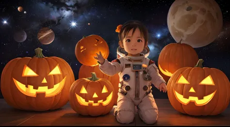 ​masterpiece、high-level image quality、International Space Station、A giant jack-o'-lantern in space、细致背景、Girl in a spacesuit、asto...