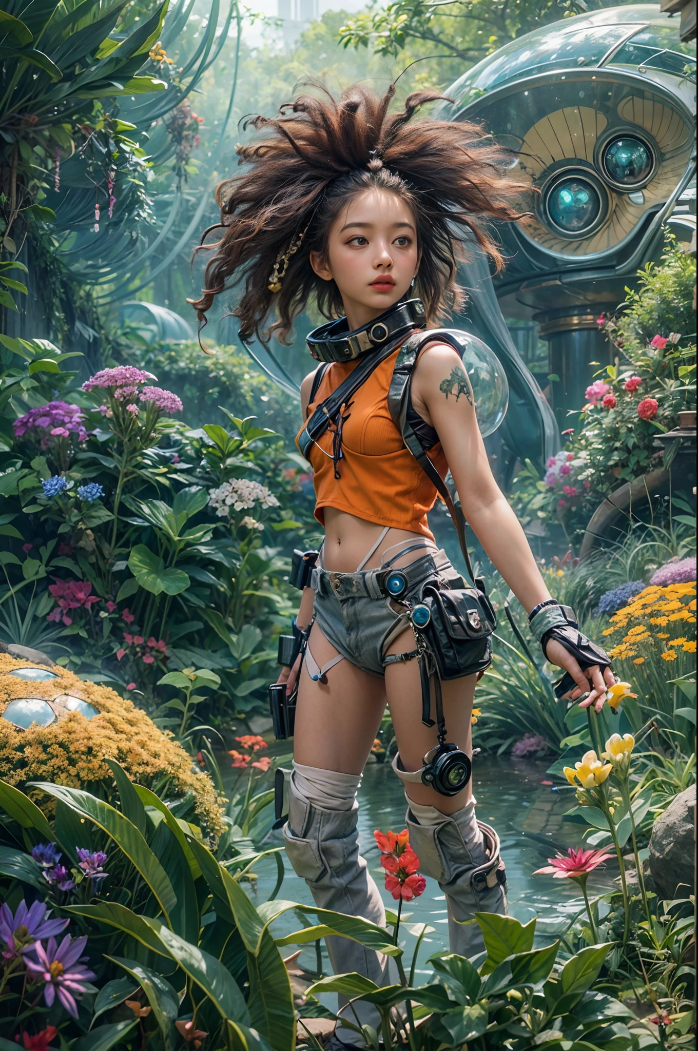 "A young girl with a sense of wonder explores an alien planet with vibrant chrome vegetation. The surreal landscape and flora create a stunning juxtaposition in a space-age paradise.