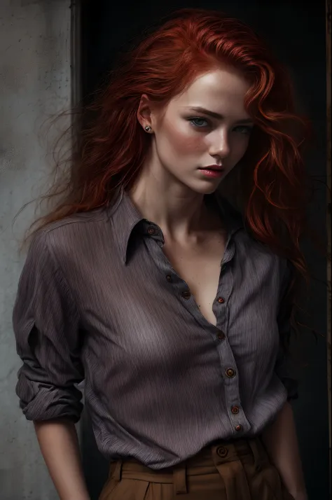 a photo of a seductive woman with loose styled redhead hair, posing in dark studio, she is wearing Button-up Shirt and Trousers,...