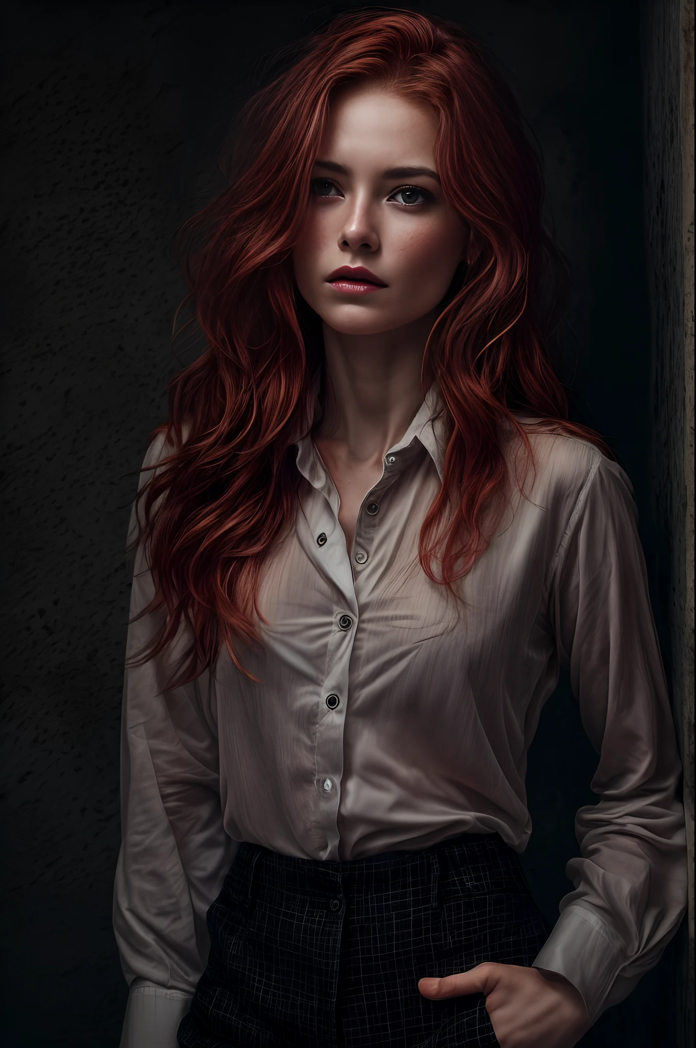 一張紅髮鬆散的迷人女人的照片, 在黑暗的工作室裡擺姿勢, 她穿著紐扣襯衫和褲子, 錯綜複雜的細節, 起雞皮疙瘩, 完美無瑕的臉, 害羞的, 拘謹的, (淺色雀斑:0.9), ((逼真的):1.2), 生的