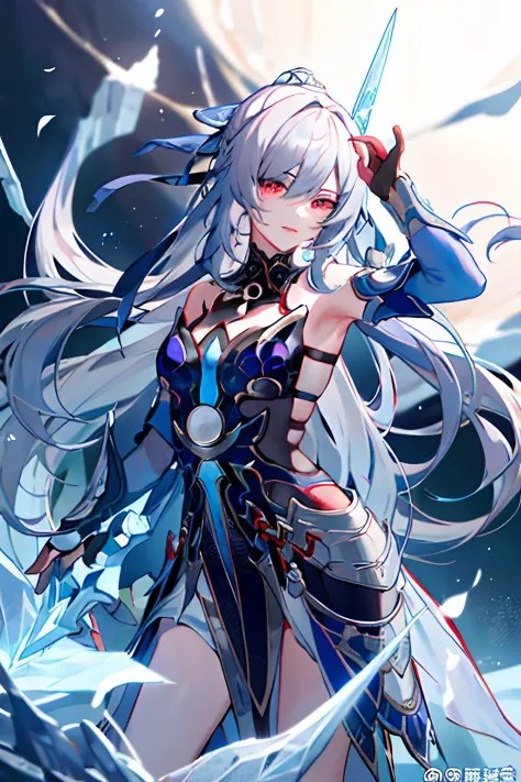 (Masterpiece:1.2, Best quality), 1lady,solo，1girll, Jing Liu,  Blue mechanic armor，Ice sword, White colored hair，red eye，Posing ...