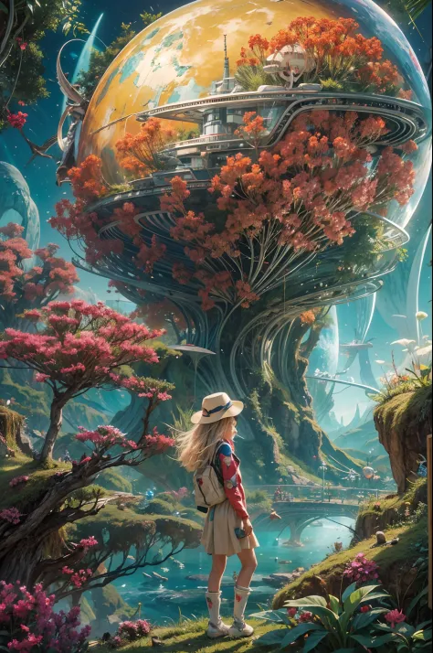 "A young girl with a sense of wonder explores an alien planet with vibrant chrome vegetation. The surreal landscape and flora cr...