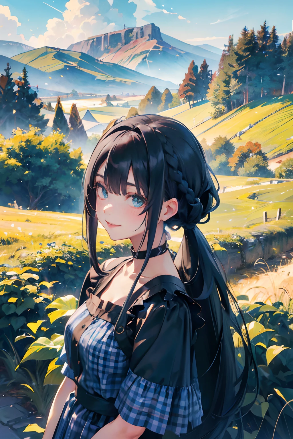 a 20 yo woman、Black blue Hair、poneyTail、Braids、Big smile、Blue gingham check dress、full body Esbian、(hi-top fade:1.3)、dark themed、Muted Tones、Subdued Color、highly contrast、Green meadow background、Have autumn fruits、apple、(natural skin textures、Hyper-Realism、Soft light、sharp)