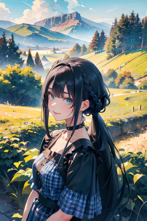 a 20 yo woman、Black blue Hair、poneyTail、Braids、Big smile、Blue gingham check dress、full body Esbian、(hi-top fade:1.3)、dark themed、Muted Tones、Subdued Color、highly contrast、Green meadow background、Have autumn fruits、apple、(natural skin textures、Hyper-Realism...