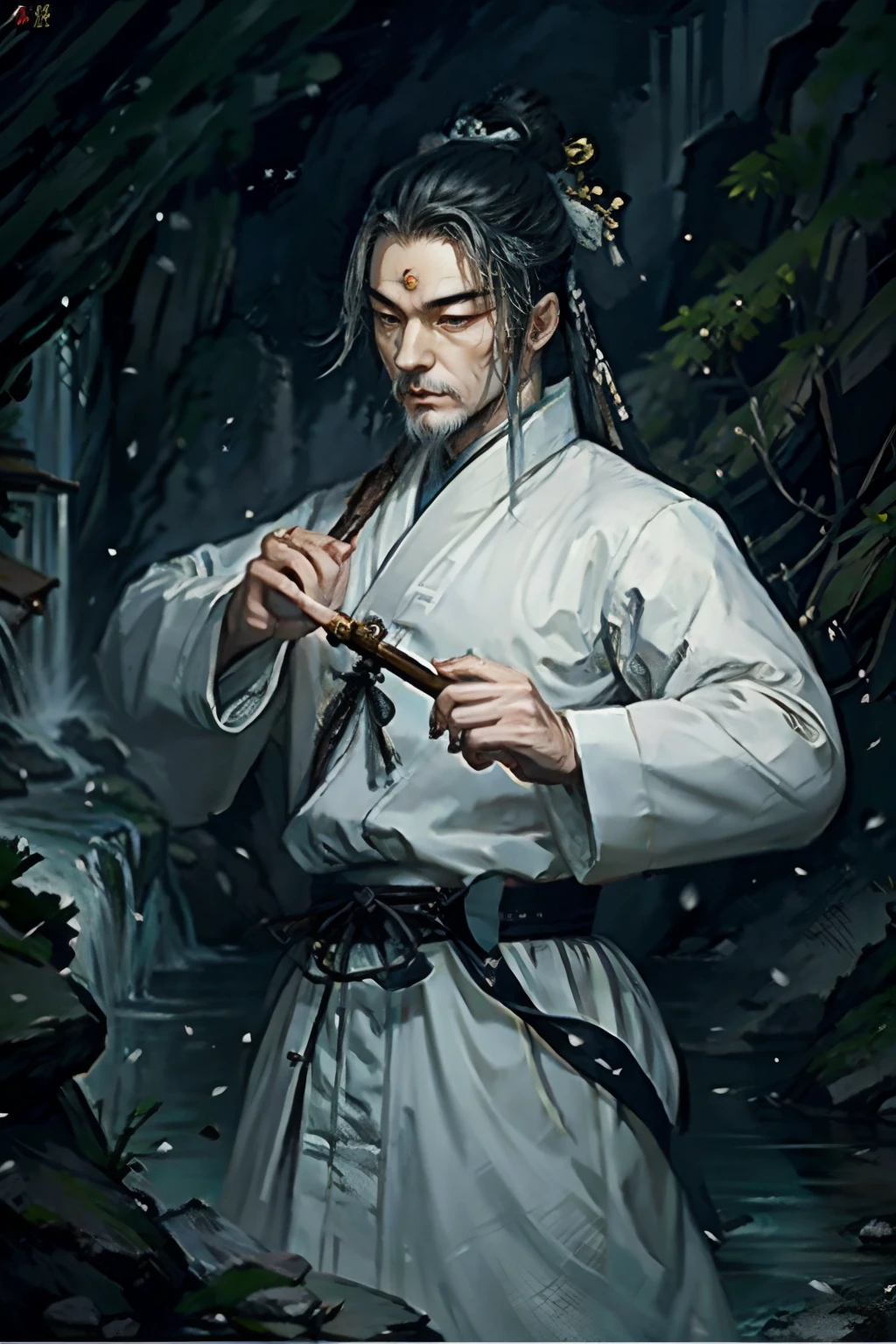 The background is alpine flowing water,The character is an ancient Taoist priest,With a weapon in his hand。The weapon glows white。The yellow clothes are painted with gossip patterns, The hair is tied into a top knot。A serious expression appeared on his face, Has a white beard,Large lapels and wide cuffs. Emphasize the image of the ancient Chinese traditional Taoist priest，Highlight its mysterious and detached temperament。Elevate the classical atmosphere。Highlight the mystery of Taoist priests，Dynamic movements,Classic Chinese art style,Dramatic composition,