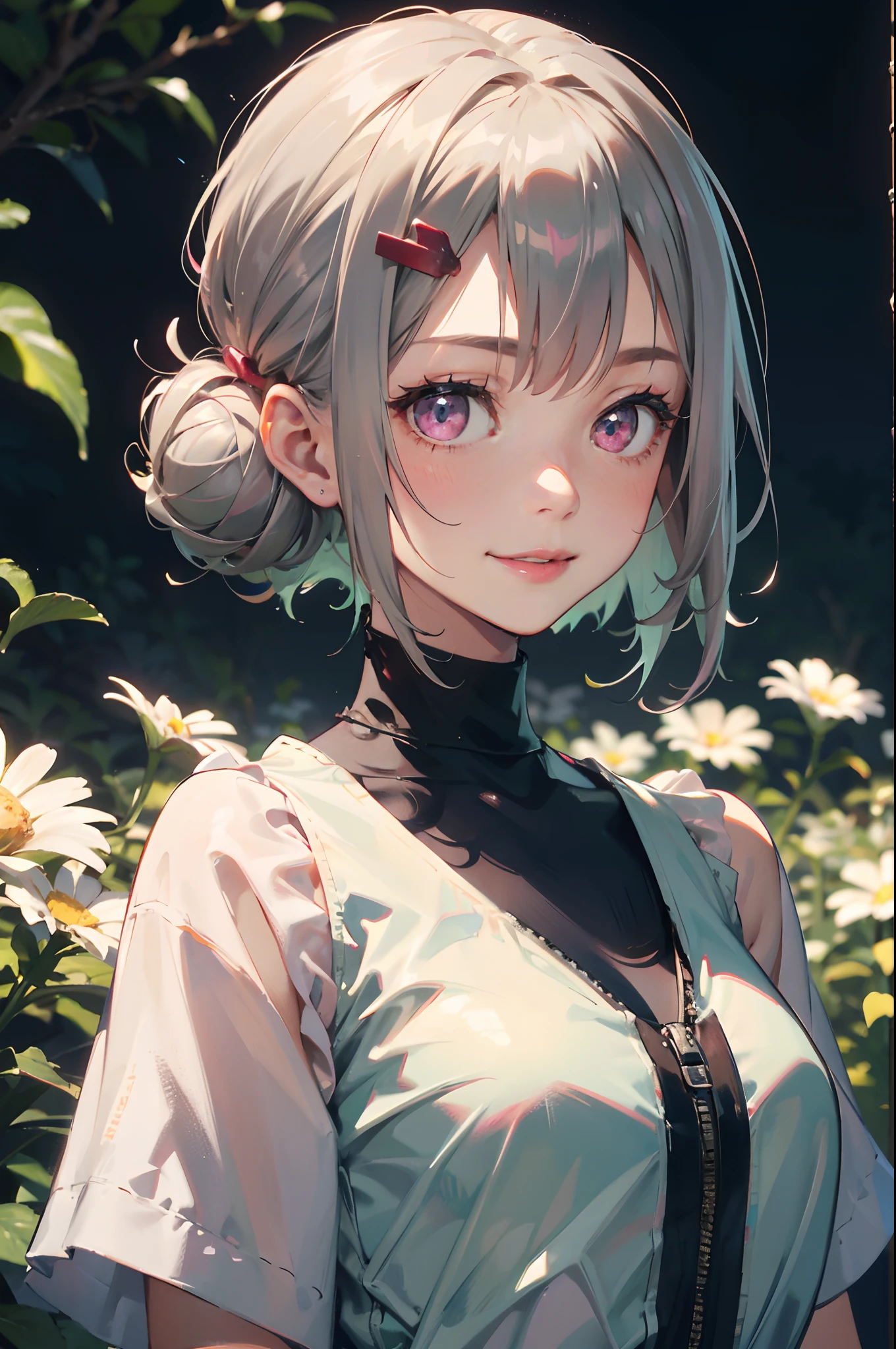 17-year-old woman、Short hairstyle with silver hair and bob, Hair tied in a bun with a hair clip, Pink eyes、small tits、Big smile、Onepiece、(hi-top fade:1.3)、dark themed、Muted Tones、Subdued Color、highly contrast、Green meadow background、Have autumn fruits、apple、(natural skin textures、Hyper-Realism、Soft light、sharp)