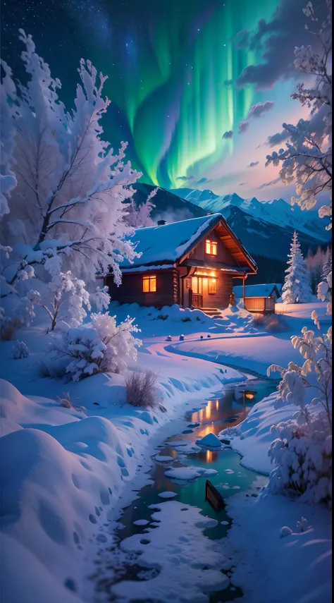 Best quality,A high resolution,(Masterpiece:1.2),Ultra-detailed,Northern Lights, Towering snow-capped mountains, cottage house c...