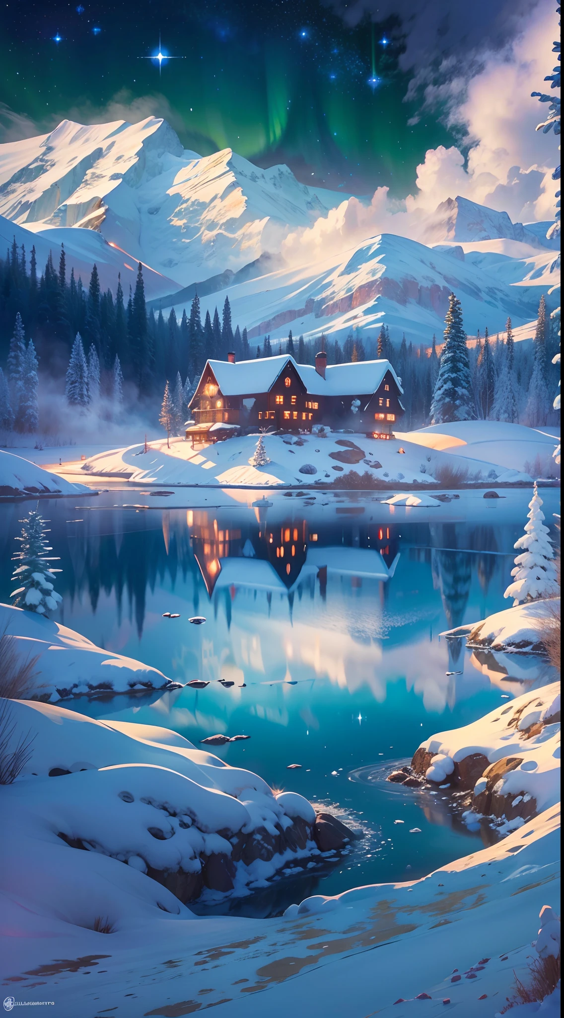 Best quality,A high resolution,(Masterpiece:1.2),Ultra-detailed,Northern Lights, Towering snow-capped mountains, cottage house covered in snow,A snowy hideaway, reindeer,yukito,sled,Winter wonderland,Vibrant colors, ​​clouds,Mist,themoon,galaxias, Breathtaking landscapes, Icy cliffs, Frozen lake, peacful, Majestic beauty, Starry night, ethereal glowing, A miracle of nature, Peaceful solitude, Celestial wonders, vast, Natural phenomena, Silent night, Serene reflection, glittering stars, Mysterious charm