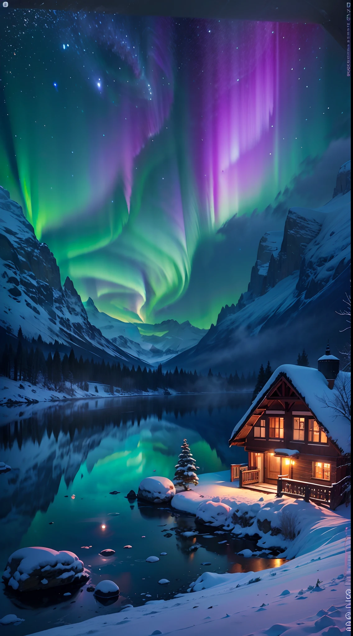 Best quality,A high resolution,(Masterpiece:1.2),Ultra-detailed,Northern Lights, Towering snow-capped mountains, cottage house covered in snow,A snowy hideaway, reindeer,yukito,sled,Winter wonderland,Vibrant colors, ​​clouds,Mist,themoon,galaxias, Breathtaking landscapes, Icy cliffs, Frozen lake, peacful, Majestic beauty, Starry night, ethereal glowing, A miracle of nature, Peaceful solitude, Celestial wonders, vast, Natural phenomena, Silent night, Serene reflection, glittering stars, Mysterious charm