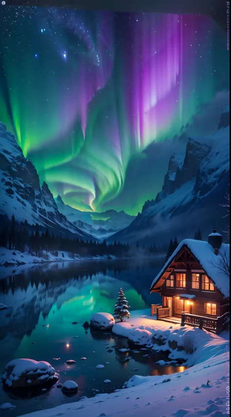 Best quality,A high resolution,(Masterpiece:1.2),Ultra-detailed,Northern Lights, Towering snow-capped mountains, cottage house c...