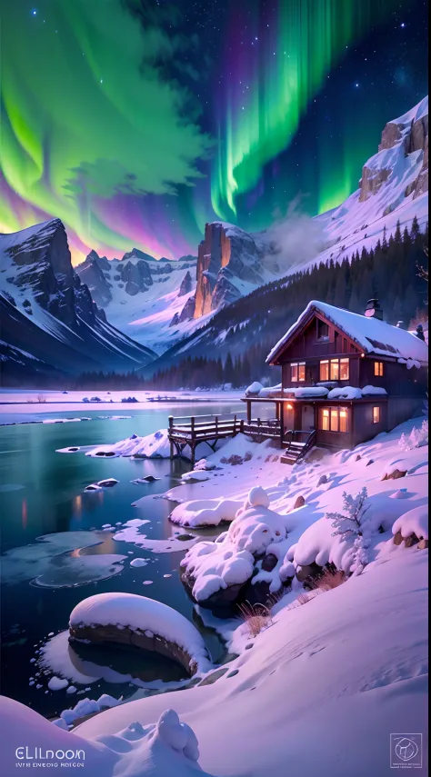 Best quality,A high resolution,(Masterpiece:1.2),Ultra-detailed,Northern Lights, Towering snow-capped mountains, cottage house c...