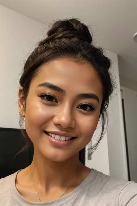 Stacy Takahashi, A photorealistic selfie of a insanely beautiful tanned Brazilian young woman with no makeup, selfie, sitting in her bedroom, pimple on her chin, oversized T-Shirt, rainy weather, excited bright smile, laughing, beautiful laughing face, mix...