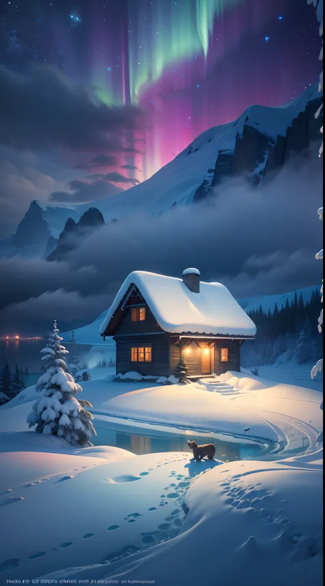 Best quality,A high resolution,(Masterpiece:1.2),Ultra-detailed,Northern Lights, Towering snow-capped mountains, cottage house c...