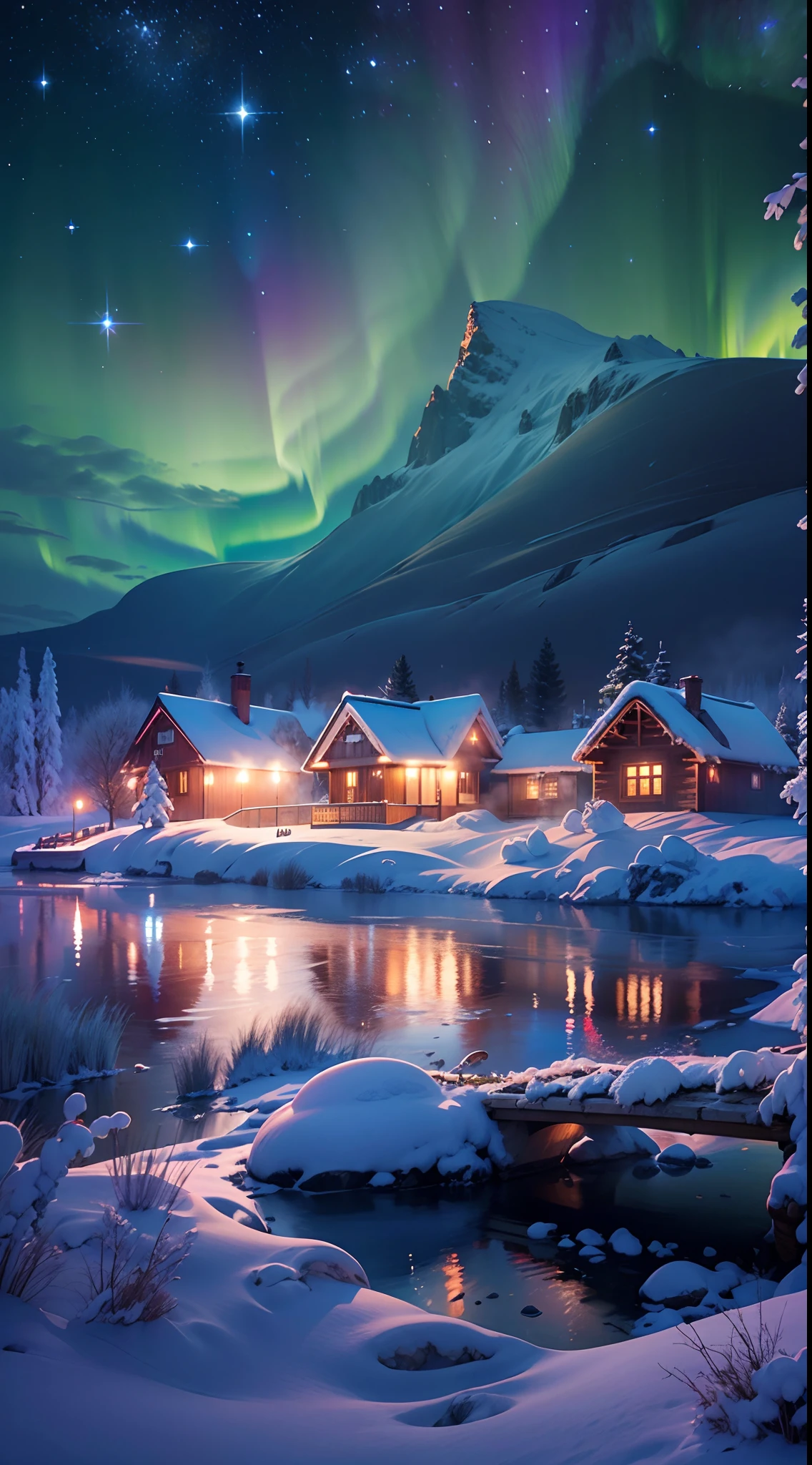 Best quality,A high resolution,(Masterpiece:1.2),Ultra-detailed,Northern Lights, Towering snow-capped mountains, cottage house covered in snow,A snowy hideaway, reindeer,yukito,sled,Winter wonderland,Vibrant colors, ​​clouds,Mist,themoon,galaxias, Breathtaking landscapes, Icy cliffs, Frozen lake, peacful, Majestic beauty, Starry night, ethereal glowing, A miracle of nature, Peaceful solitude, Celestial wonders, vast, Natural phenomena, Silent night, Serene reflection, glittering stars, Mysterious charm