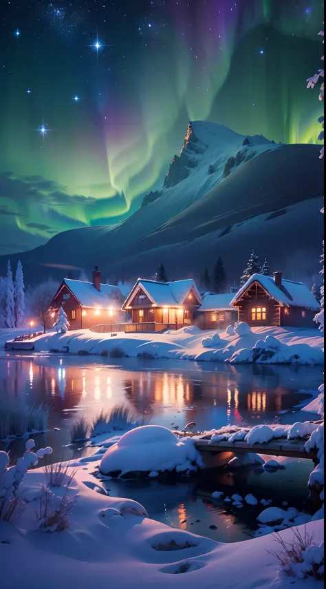 Best quality,A high resolution,(Masterpiece:1.2),Ultra-detailed,Northern Lights, Towering snow-capped mountains, cottage house c...