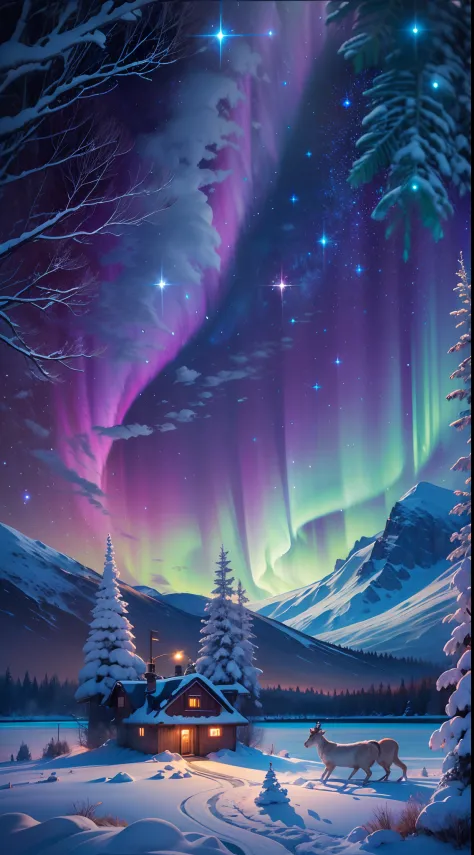 Best quality,A high resolution,(Masterpiece:1.2),Ultra-detailed,Northern Lights, Towering snow-capped mountains, cottage house c...