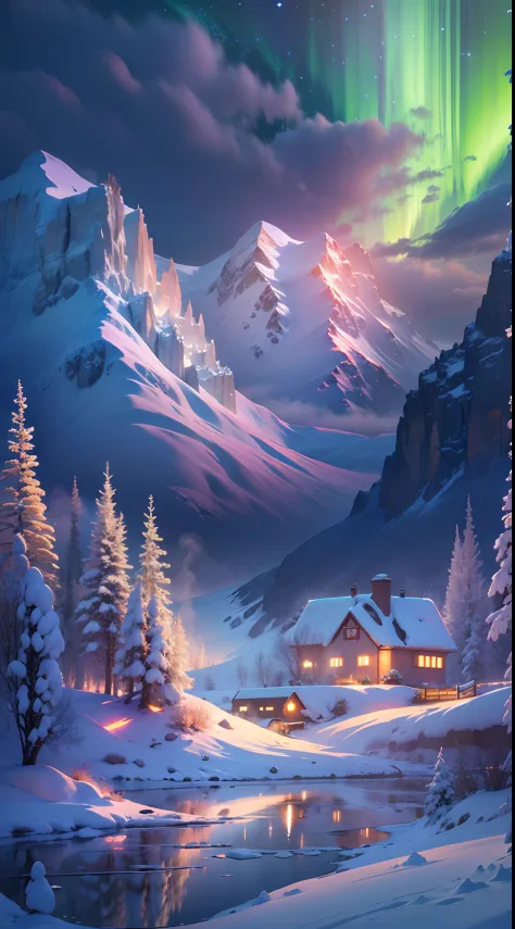 Best quality,A high resolution,(Masterpiece:1.2),Ultra-detailed,Northern Lights, Towering snow-capped mountains, cottage house c...