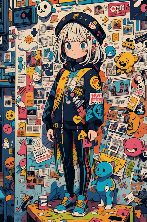 (masutepiece, of the highest quality, of the highest quality, Official art, Beauty and aesthetics: 1.2), (One girl: 1.4), Full body shot, (Lots of stickers: 1.5), Extreme Detail, (Fractal Art: 1.3), (Character and logo stickers: 1.5), highest details, (Mec...