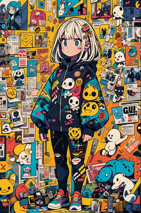 (masutepiece, of the highest quality, of the highest quality, Official art, Beauty and aesthetics: 1.2), (One girl: 1.4), Full body shot, (Lots of stickers: 1.5), Extreme Detail, (Fractal Art: 1.3), (Character and logo stickers: 1.5), highest details, (Mec...