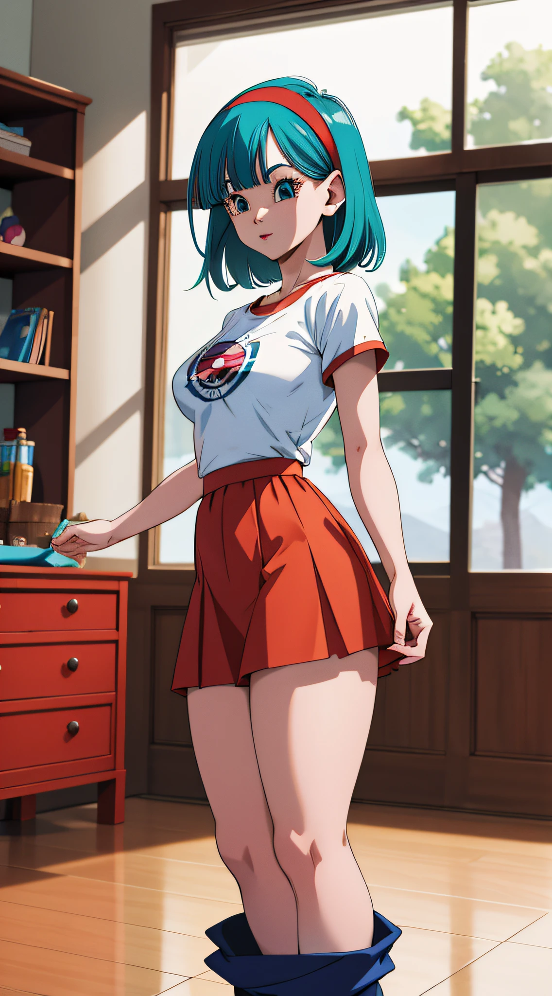 masterpiece, best quality, highres, dragon ball, blmmid, aqua hair, medium hair, blunt bangs, red hairband, medium breasts, shirt, skirt, cowboy shot, indoors, standing,